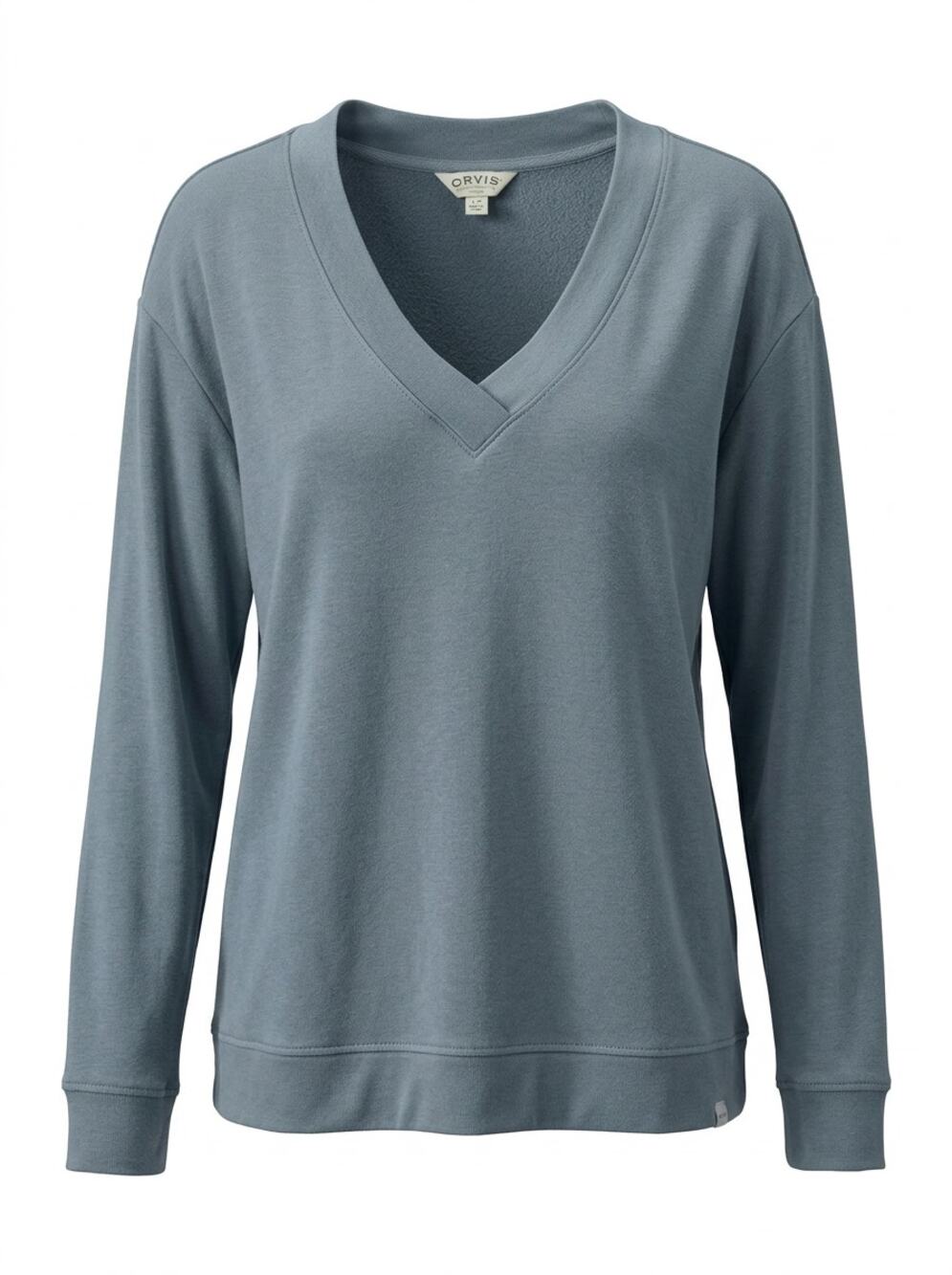 Orvis Blue V-Neck Knit Sweater Solid Long Sleeve Women Size L
